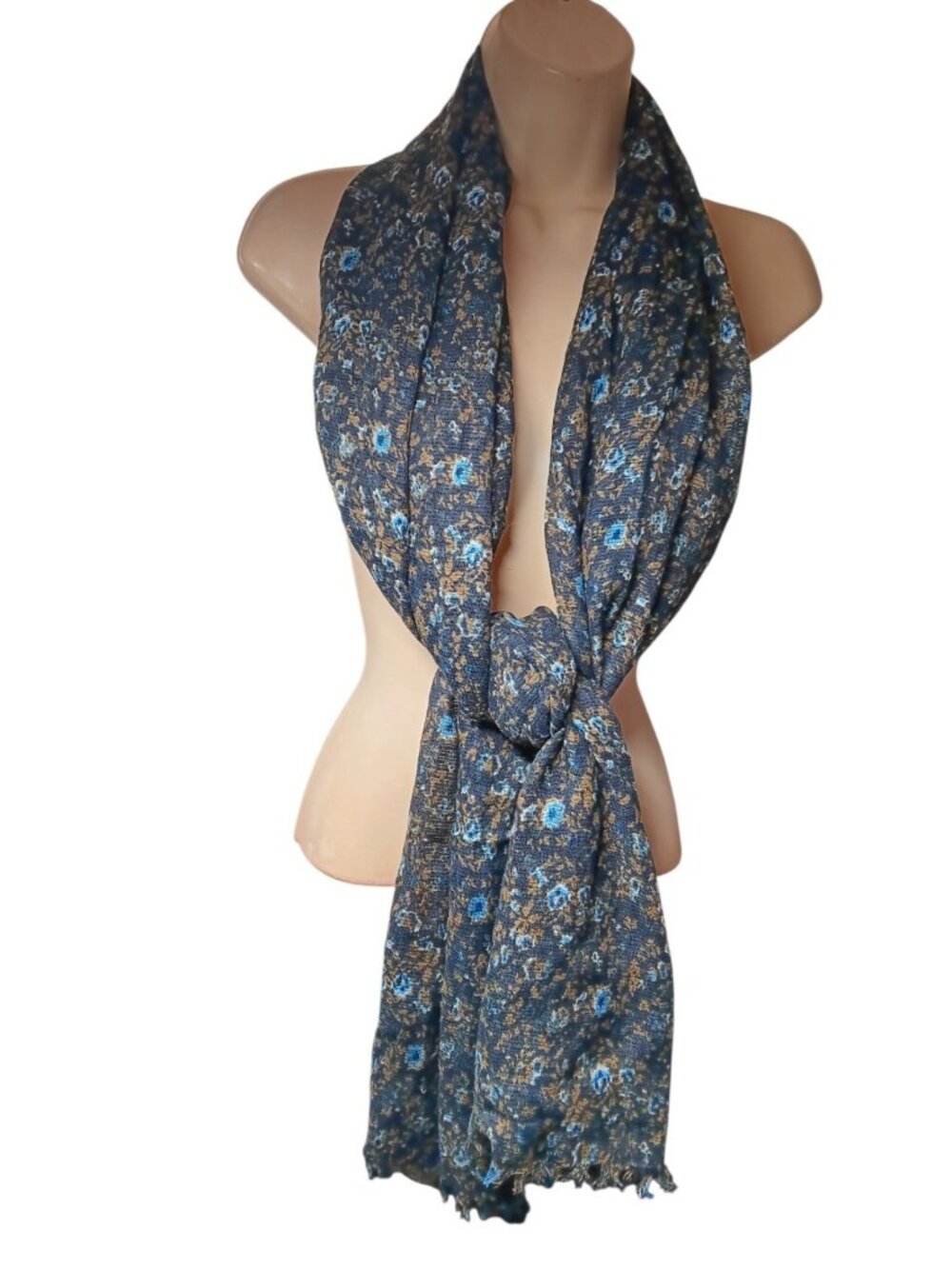 Long Scarf Blue Floral Print with Solid Dark Teal Border 70" x 23"